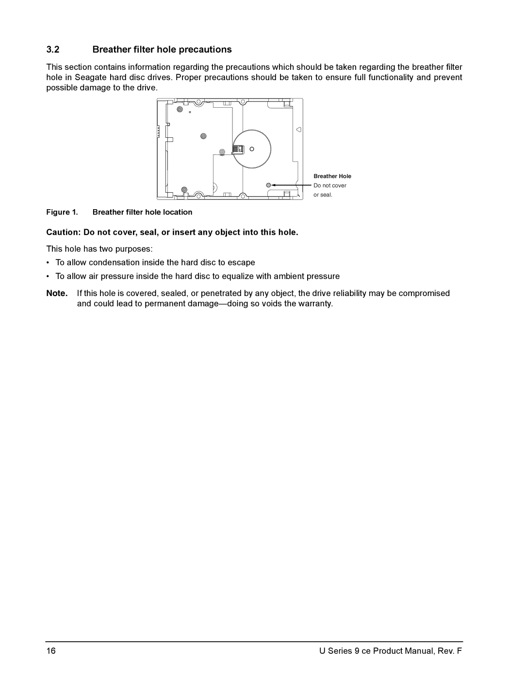 Seagate U Series 9 CE manual Breather filter hole precautions, Breather filter hole location 