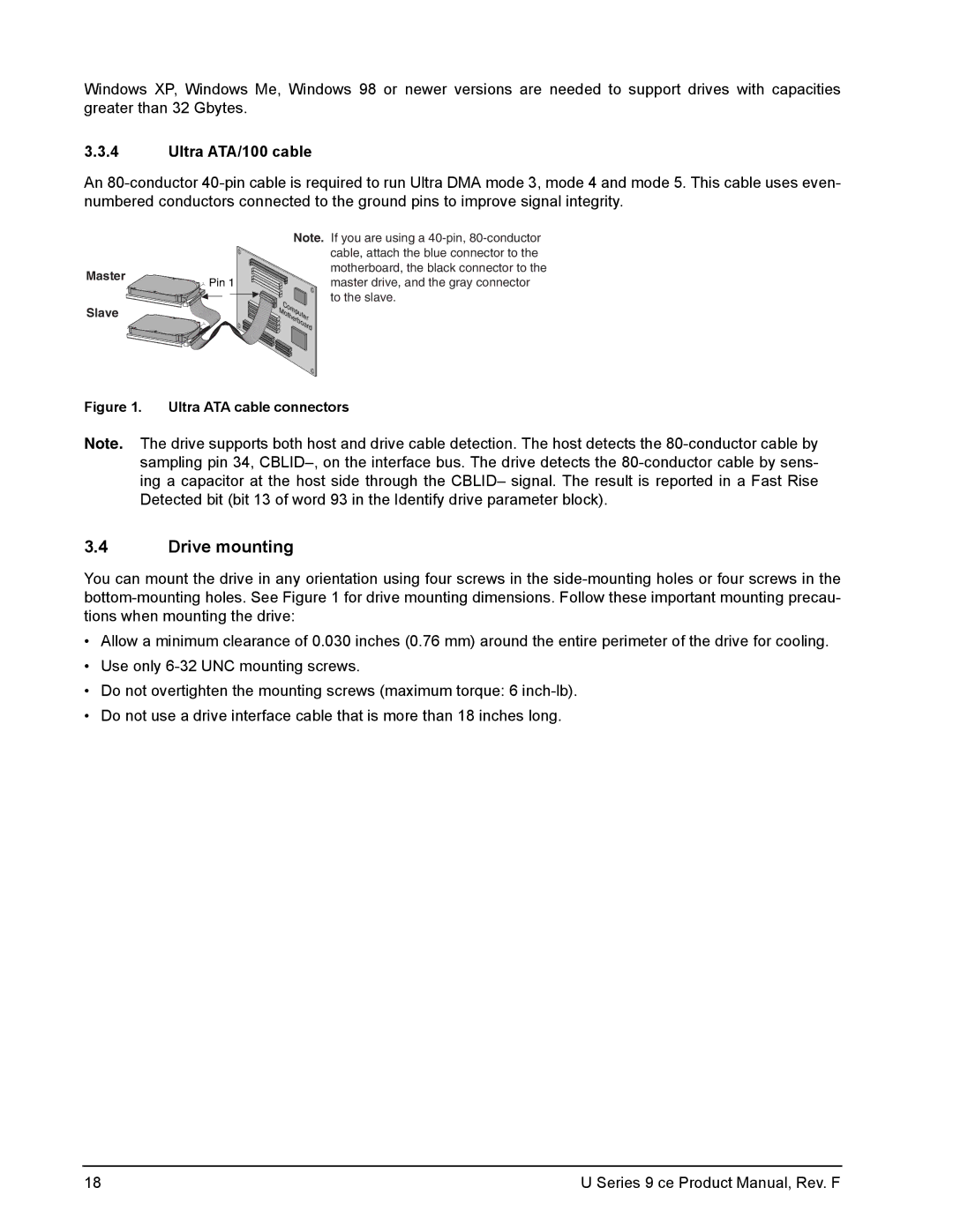 Seagate U Series 9 CE manual Drive mounting, Ultra ATA/100 cable 