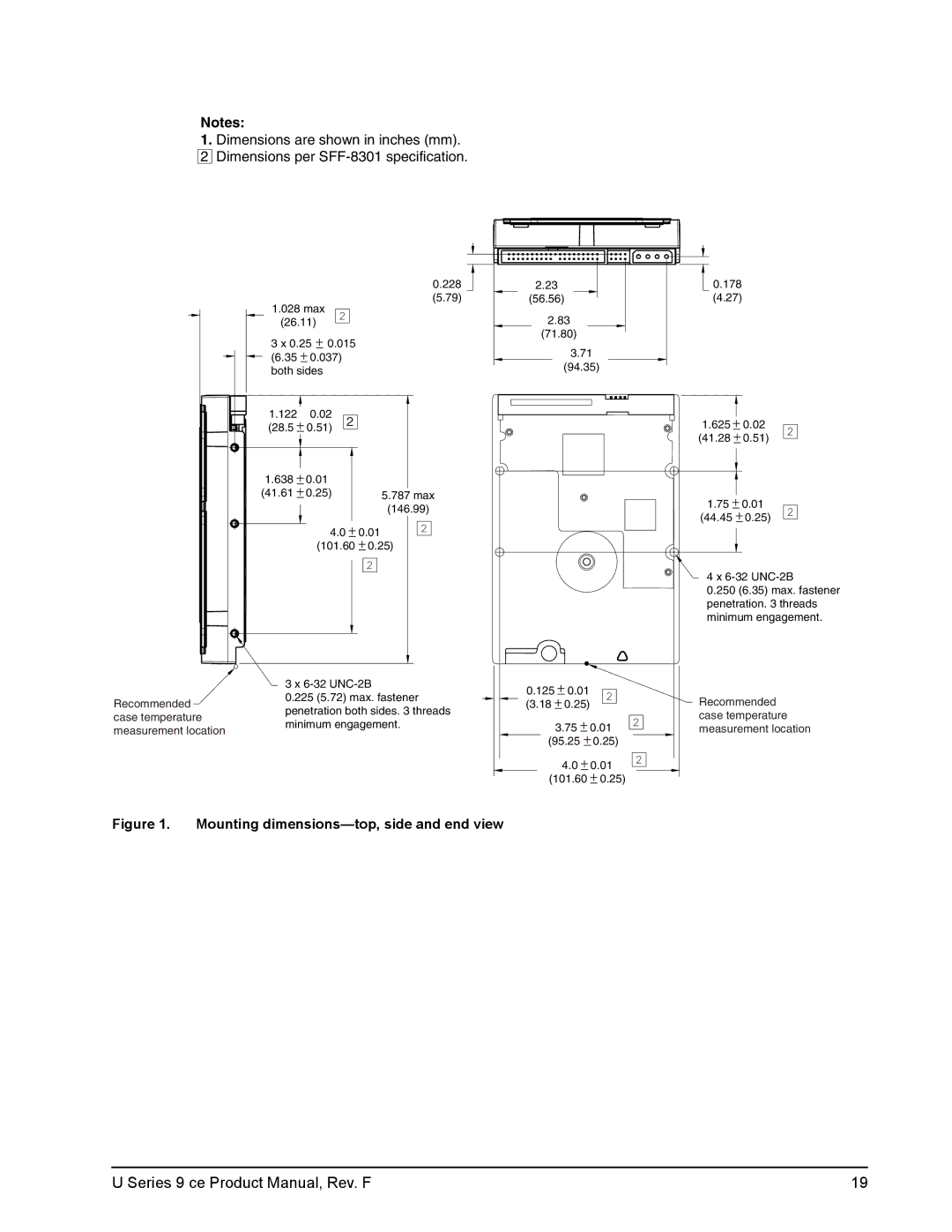 Seagate U Series 9 CE manual Mounting dimensions-top, side and end view 