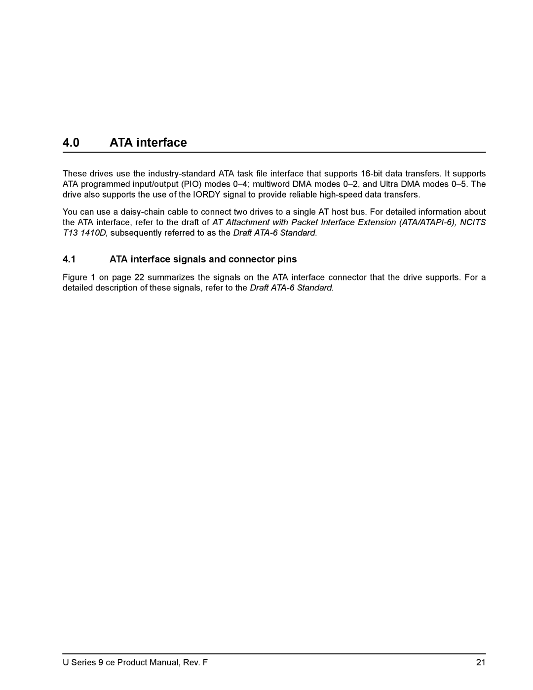 Seagate U Series 9 CE manual ATA interface signals and connector pins 