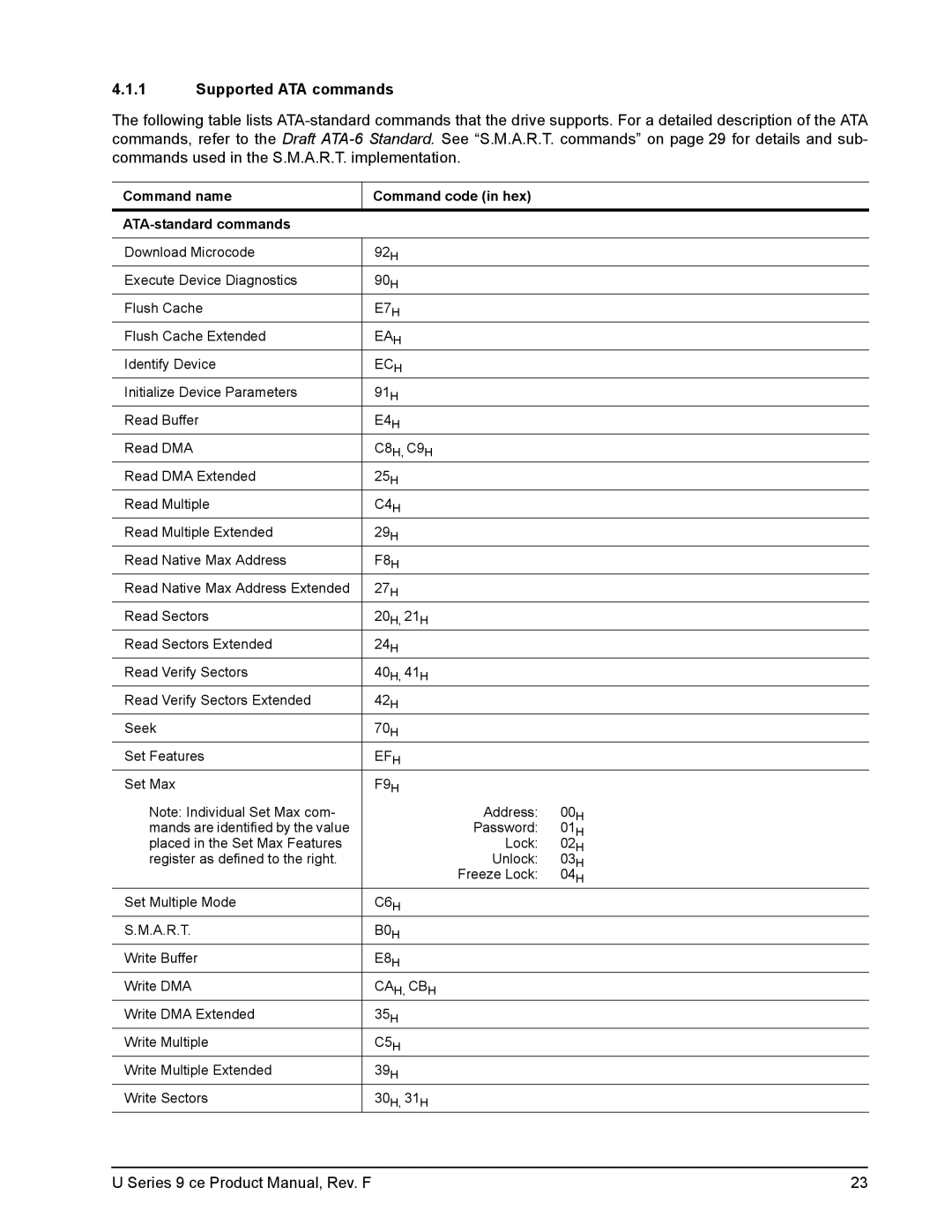 Seagate U Series 9 CE manual Supported ATA commands, Command name Command code in hex ATA-standard commands 