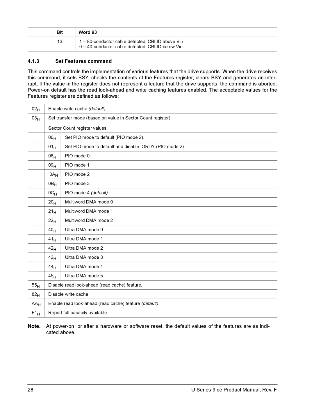 Seagate U Series 9 CE manual Set Features command, 0CH 