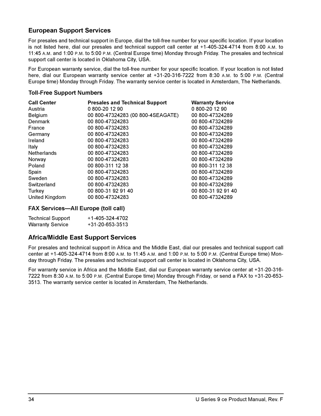 Seagate U Series 9 CE manual Toll-Free Support Numbers, FAX Services-All Europe toll call 