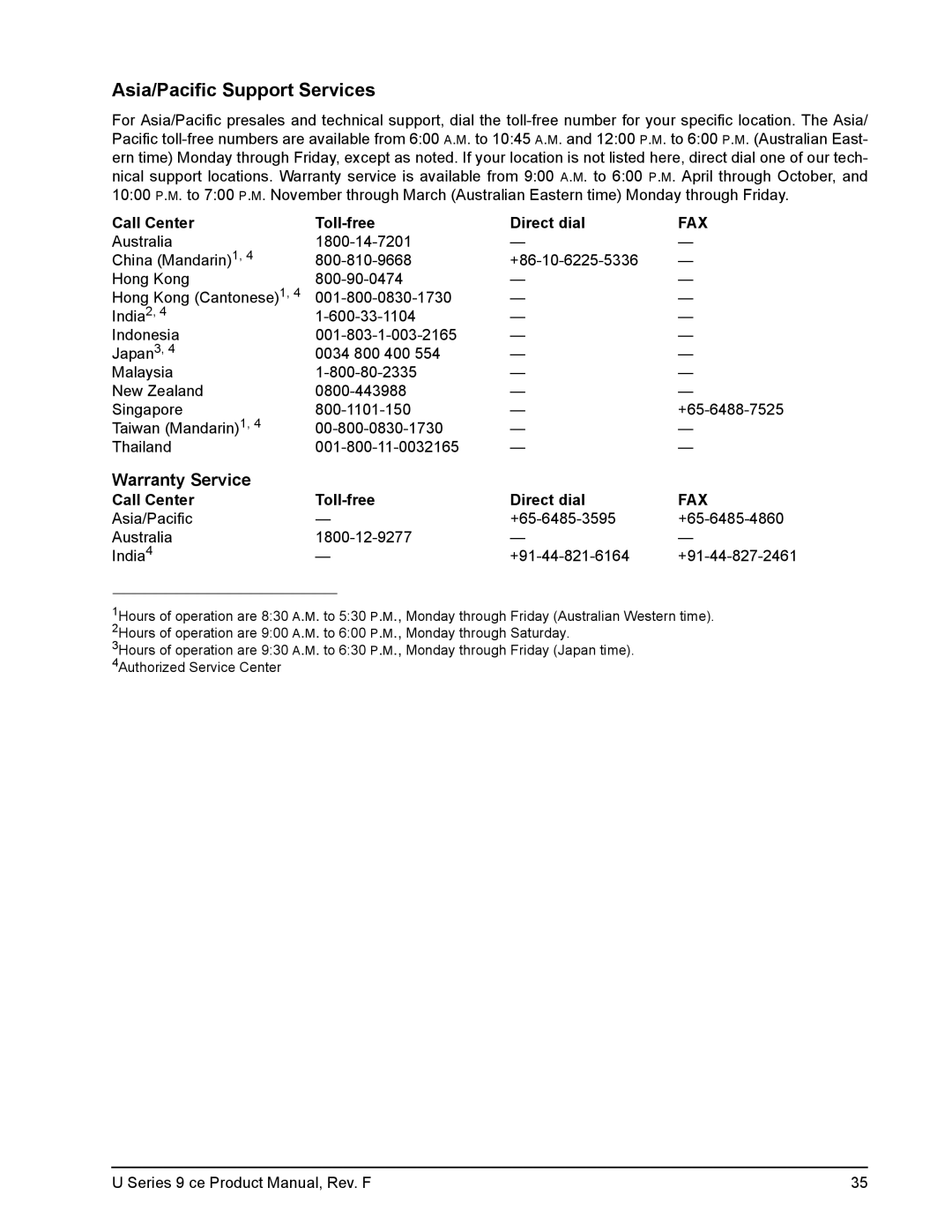 Seagate U Series 9 CE manual Asia/Pacific Support Services 