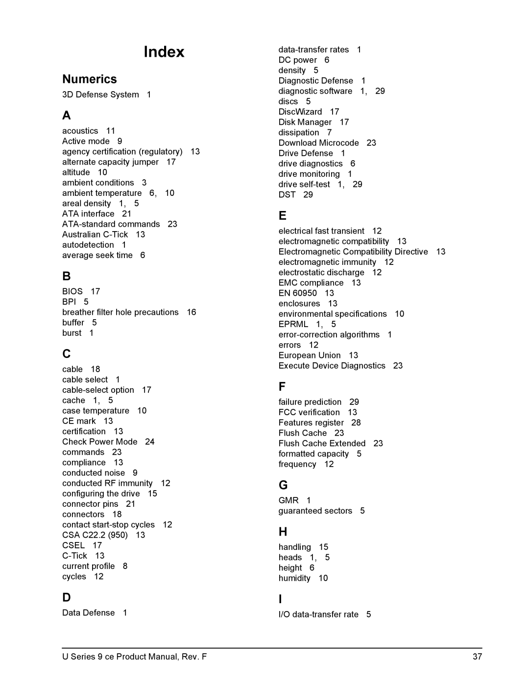 Seagate U Series 9 CE manual Index, Numerics 