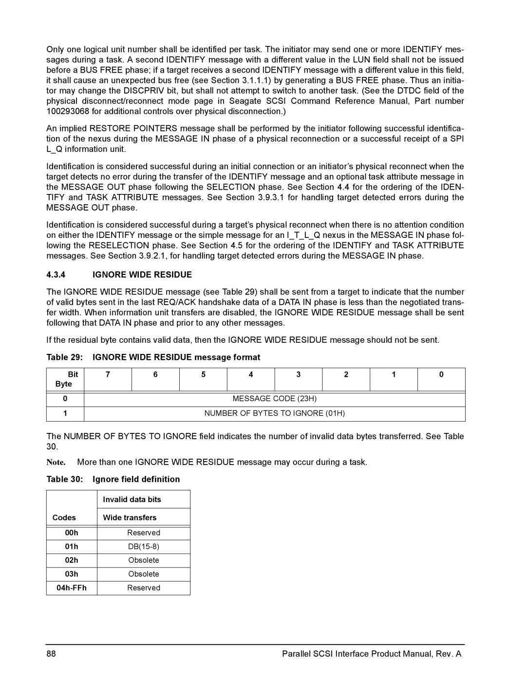 Seagate Ultra 320, Ultra 160 manual Ignore Wide Residue message format, Ignore field definition, Invalid data bits 