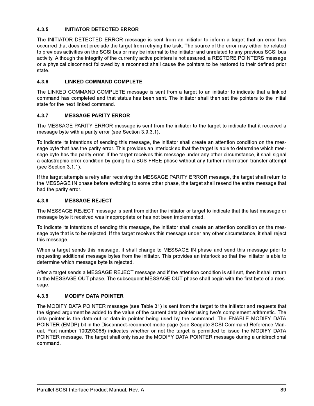 Seagate Ultra 160, Ultra 320 manual Initiator Detected Error, Linked Command Complete, Message Parity Error, Message Reject 