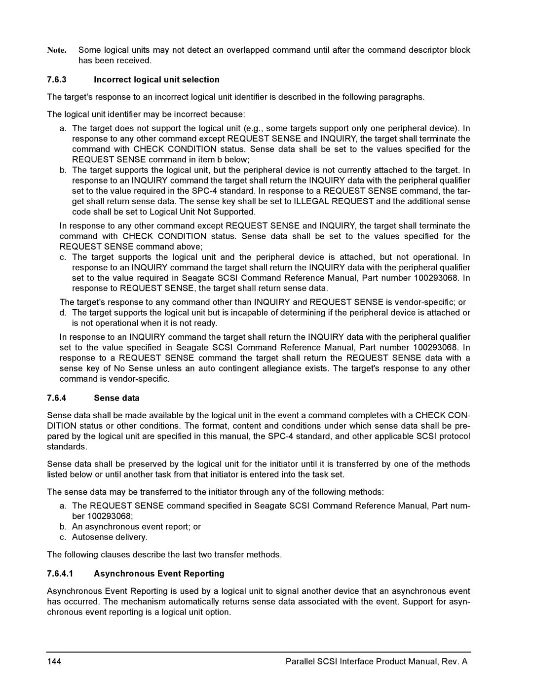 Seagate Ultra 320, Ultra 160 manual Incorrect logical unit selection, Sense data, Asynchronous Event Reporting 