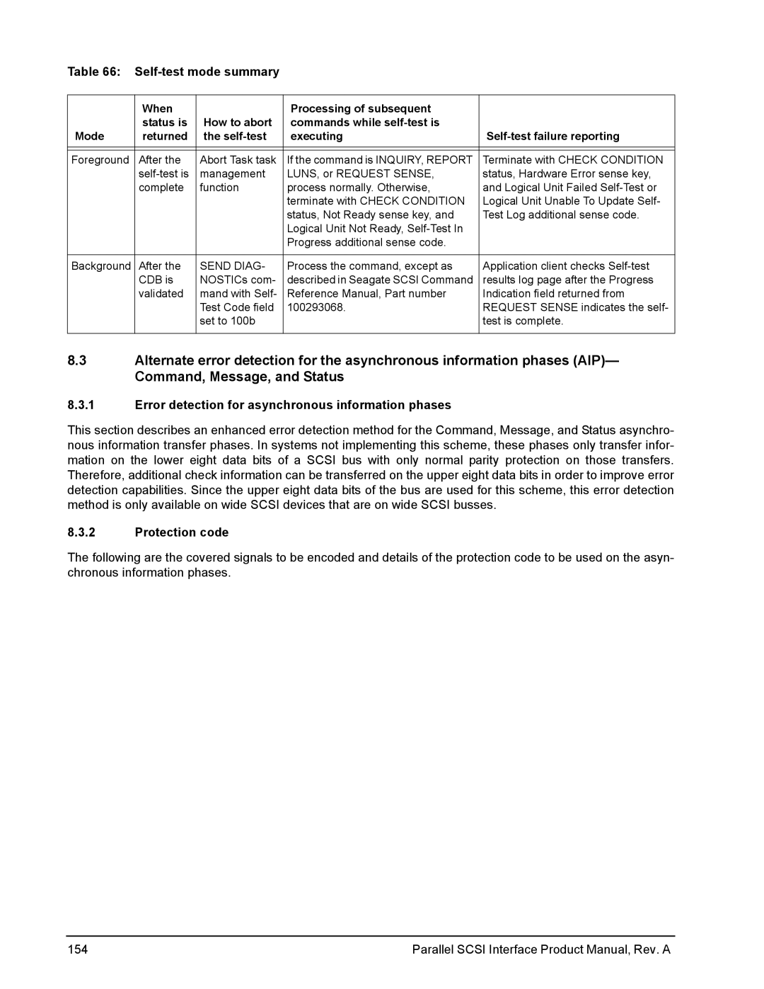 Seagate Ultra 320, Ultra 160 Self-test mode summary, Error detection for asynchronous information phases, Protection code 