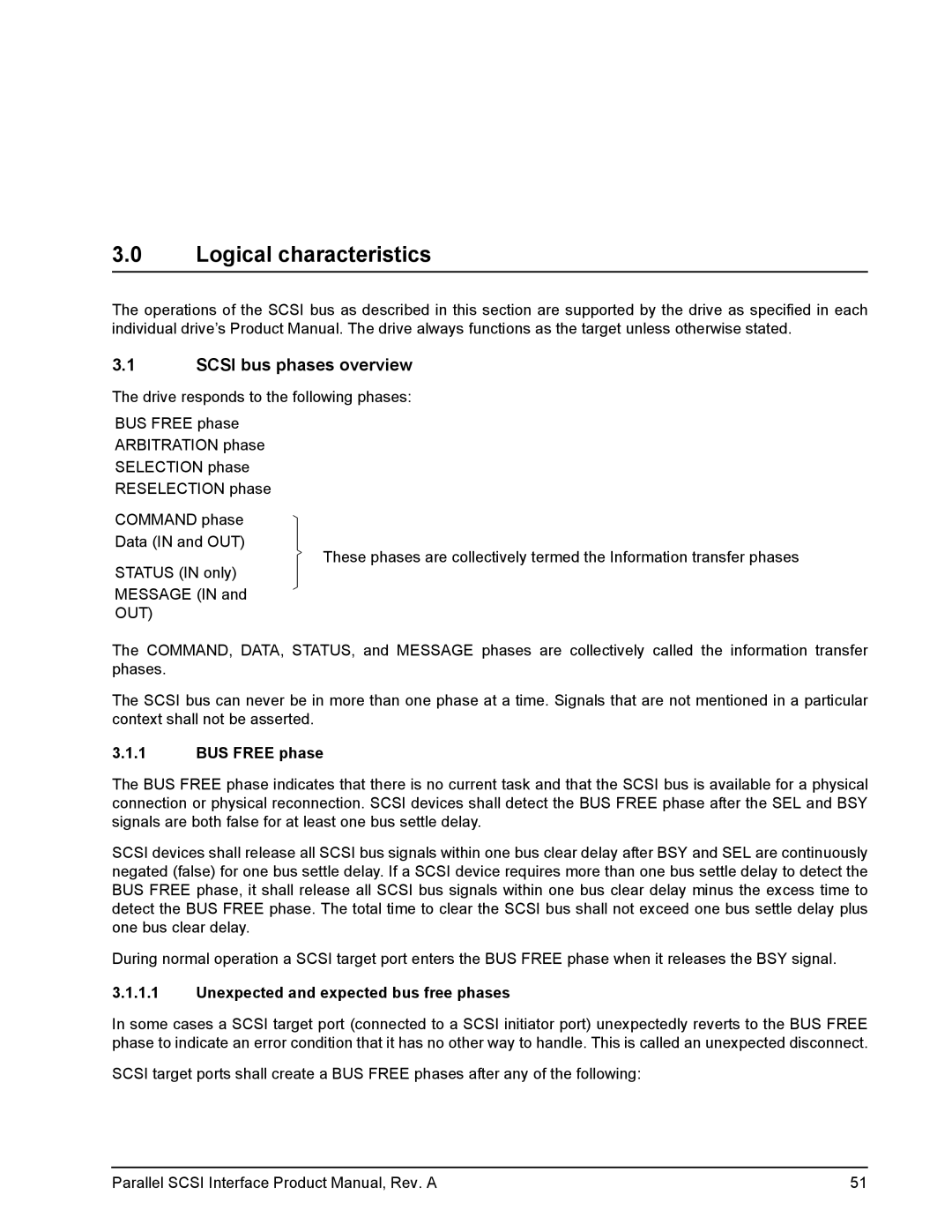 Seagate Ultra 160, Ultra 320 manual Scsi bus phases overview, BUS Free phase, Unexpected and expected bus free phases 