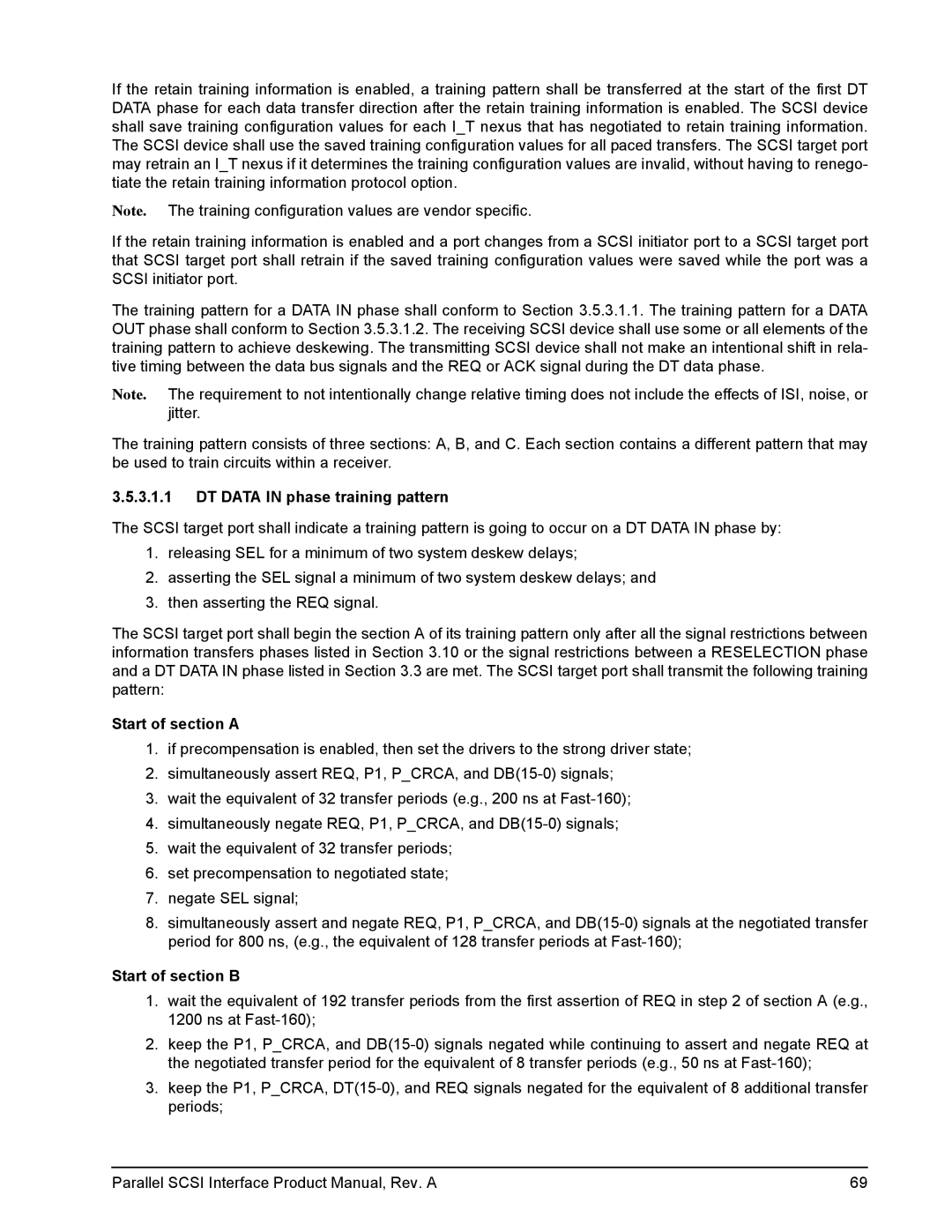 Seagate Ultra 160, Ultra 320 manual DT Data in phase training pattern, Start of section a, Start of section B 