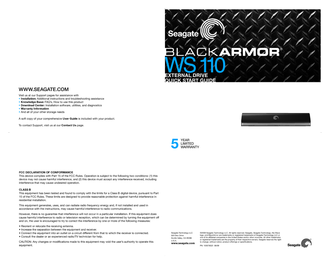 Seagate WS 110 quick start Quick Start Guide, Warranty Information, FCC Declaration of Conformance, Class B 