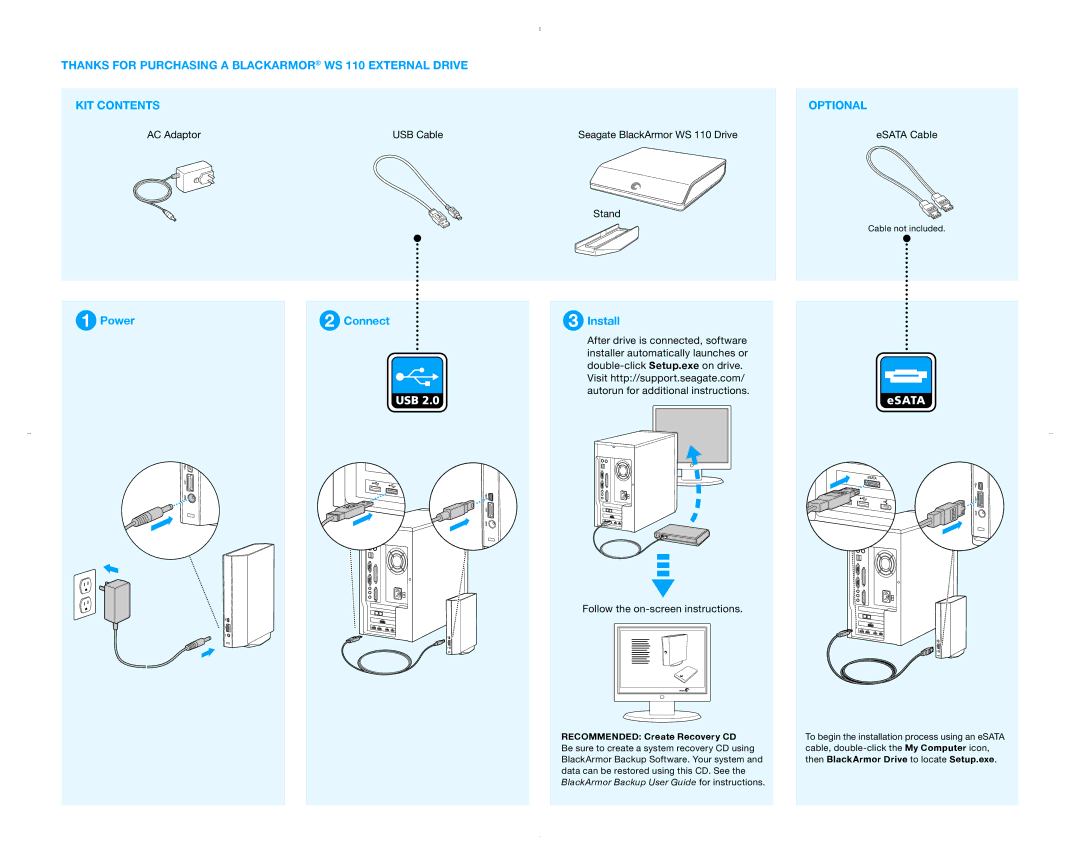 Seagate WS 110 quick start Power Connect Install, Recommended Create Recovery CD 