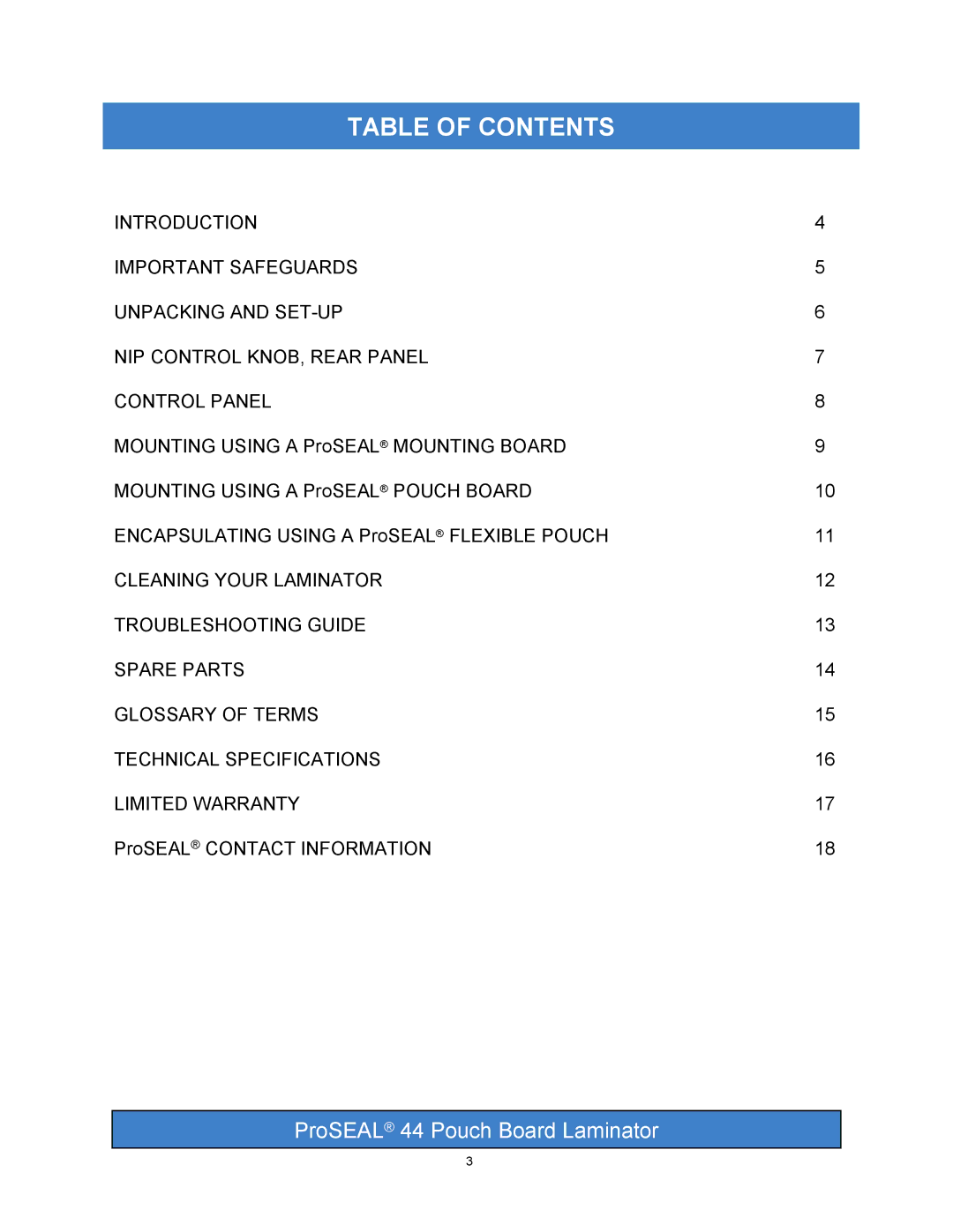 SEAL 44 operation manual Table of Contents 