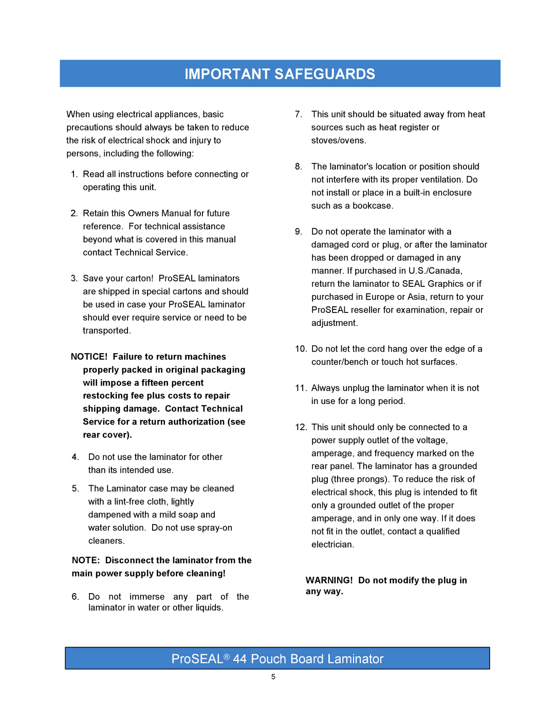 SEAL 44 operation manual Important Safeguards 