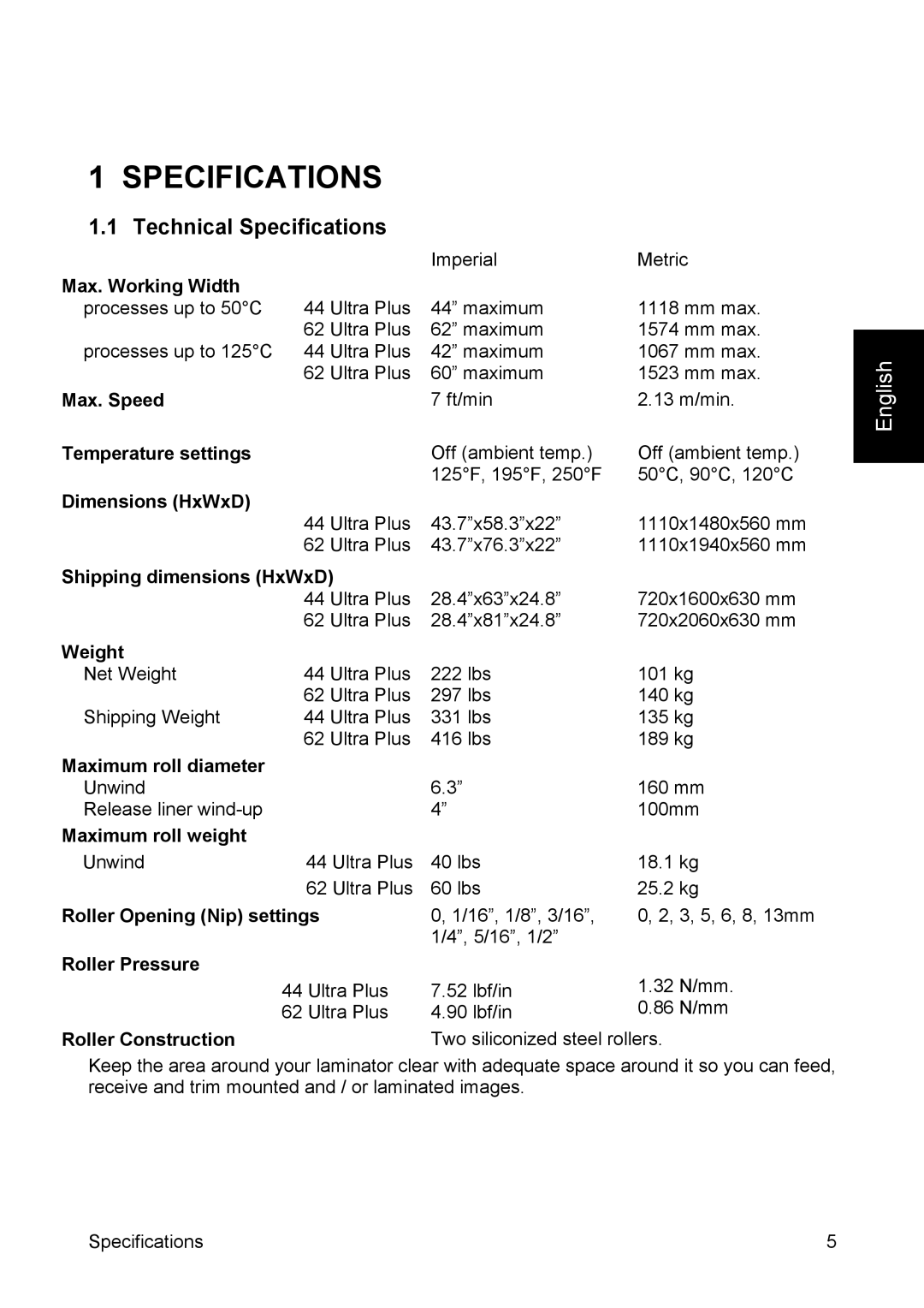 SEAL 44/62 user manual Technical Specifications 