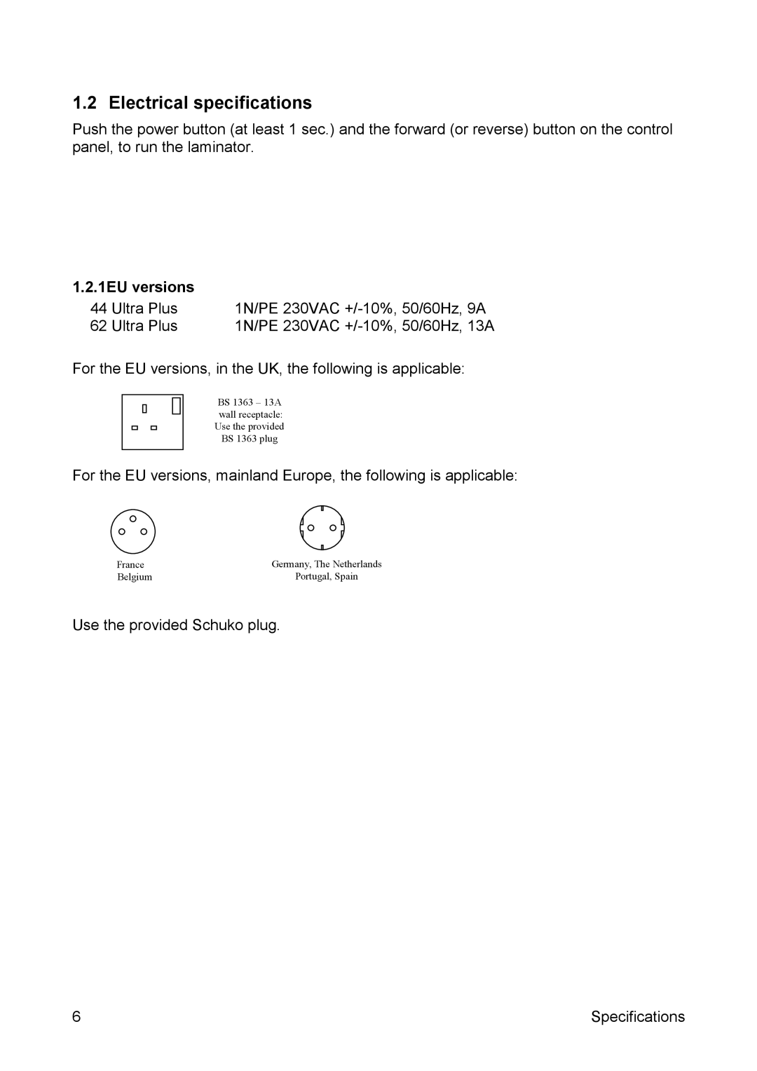 SEAL 44/62 user manual Electrical specifications 