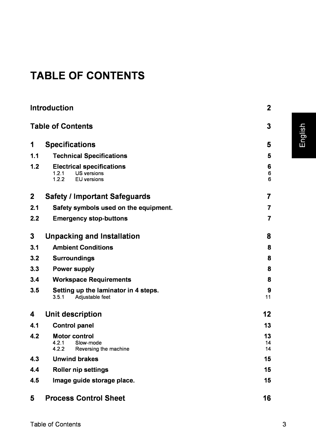 SEAL 44/62 Table Of Contents, Introduction Table of Contents 1 Specifications, Safety / Important Safeguards, English 