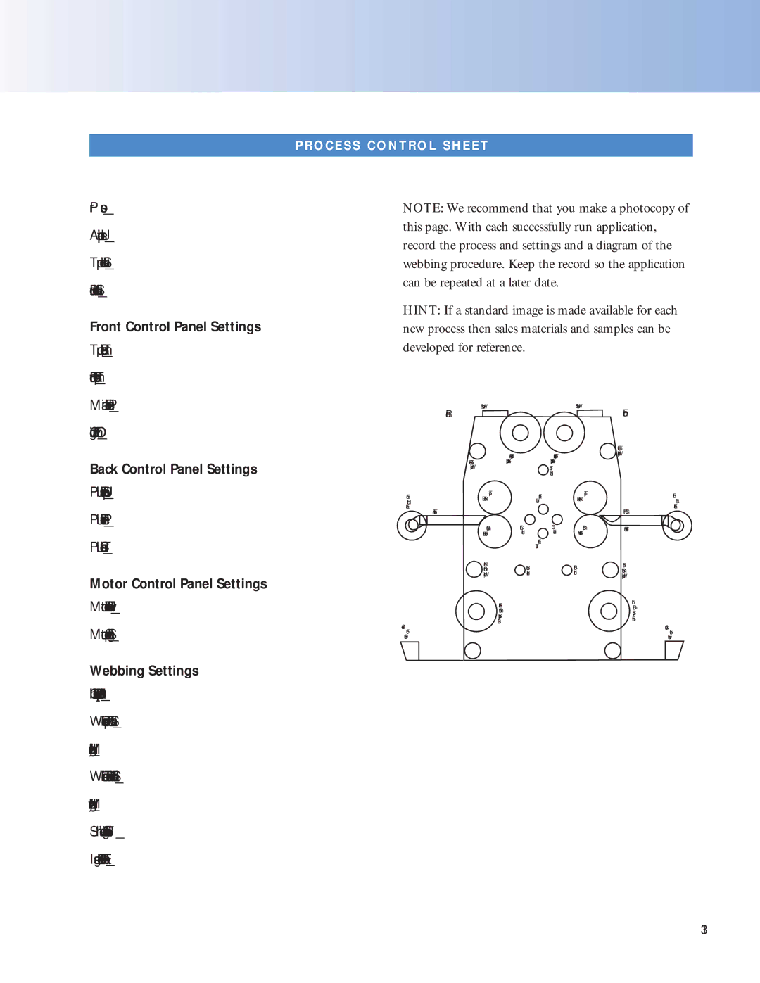 SEAL 6500 Front Control Panel Settings, Back Control Panel Settings, Motor Control Panel Settings, Webbing Settings 