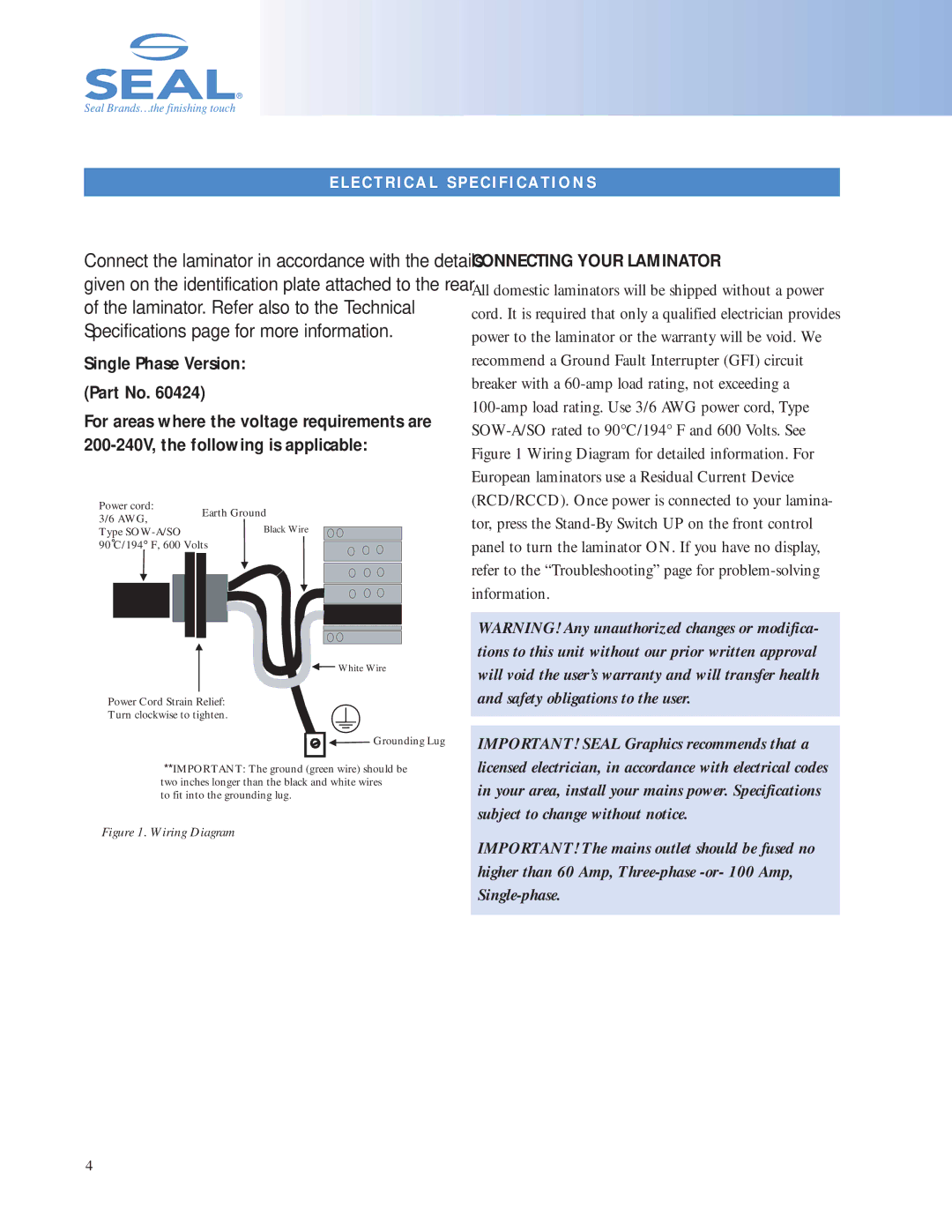 SEAL 6500 owner manual Connecting Your Laminator, E C T R I C a L S P E C I F I C AT I O N S 