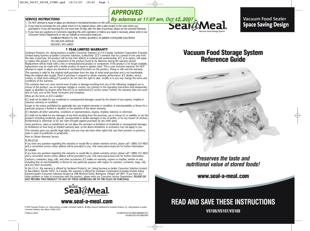 Seal-a-Meal VS107, VS106, VS108 warranty Service Instructions, Year Limited Warranty 