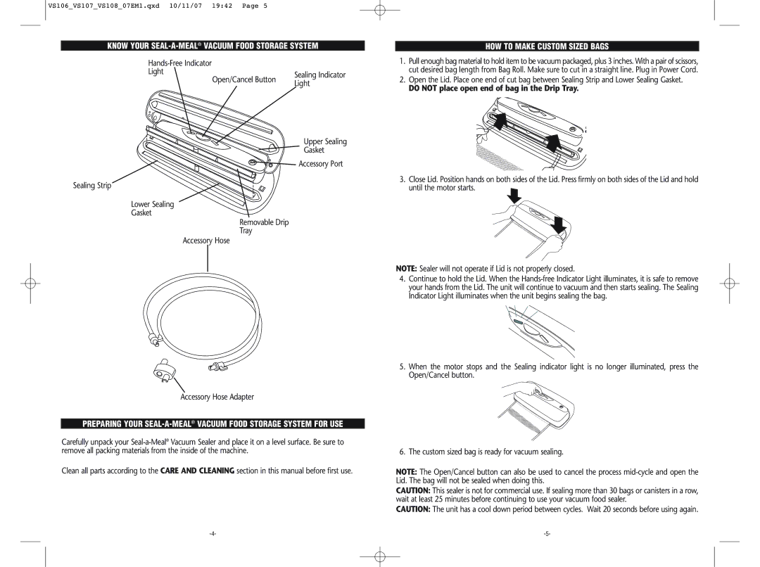 Seal-a-Meal VS106, VS107, VS108 warranty Know Your SEAL-A-MEALVACUUM Food Storage System, HOW to Make Custom Sized Bags 