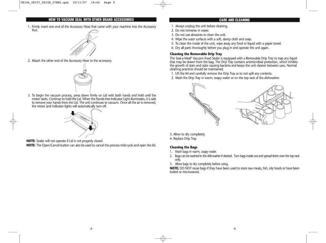 Seal-a-Meal VS108 HOW to Vacuum Seal with Other Brand Accessories, Care and Cleaning, Cleaning the Removable Drip Tray 