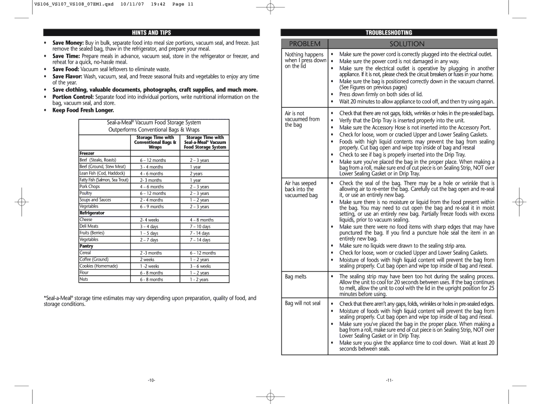 Seal-a-Meal VS106, VS107, VS108 warranty Hints and Tips, Keep Food Fresh Longer, Troubleshooting 