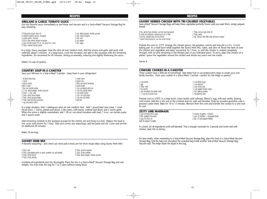 Seal-a-Meal VS107, VS106, VS108 warranty Recipes 