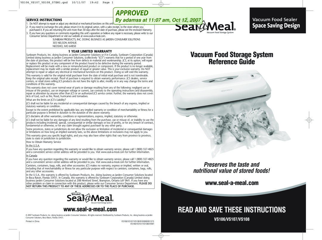 Seal-a-Meal VS107, VS106 warranty Service Instructions, Year Limited Warranty, Vacuum Food Storage System Reference Guide 