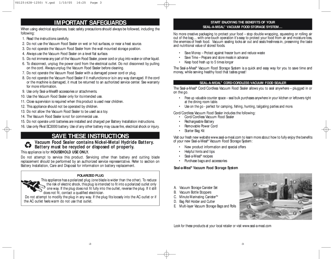 Seal-a-Meal VS125-W Important Safeguards, This appliance is for Household USE only, Seal-a-MealVacuum Food Storage System 