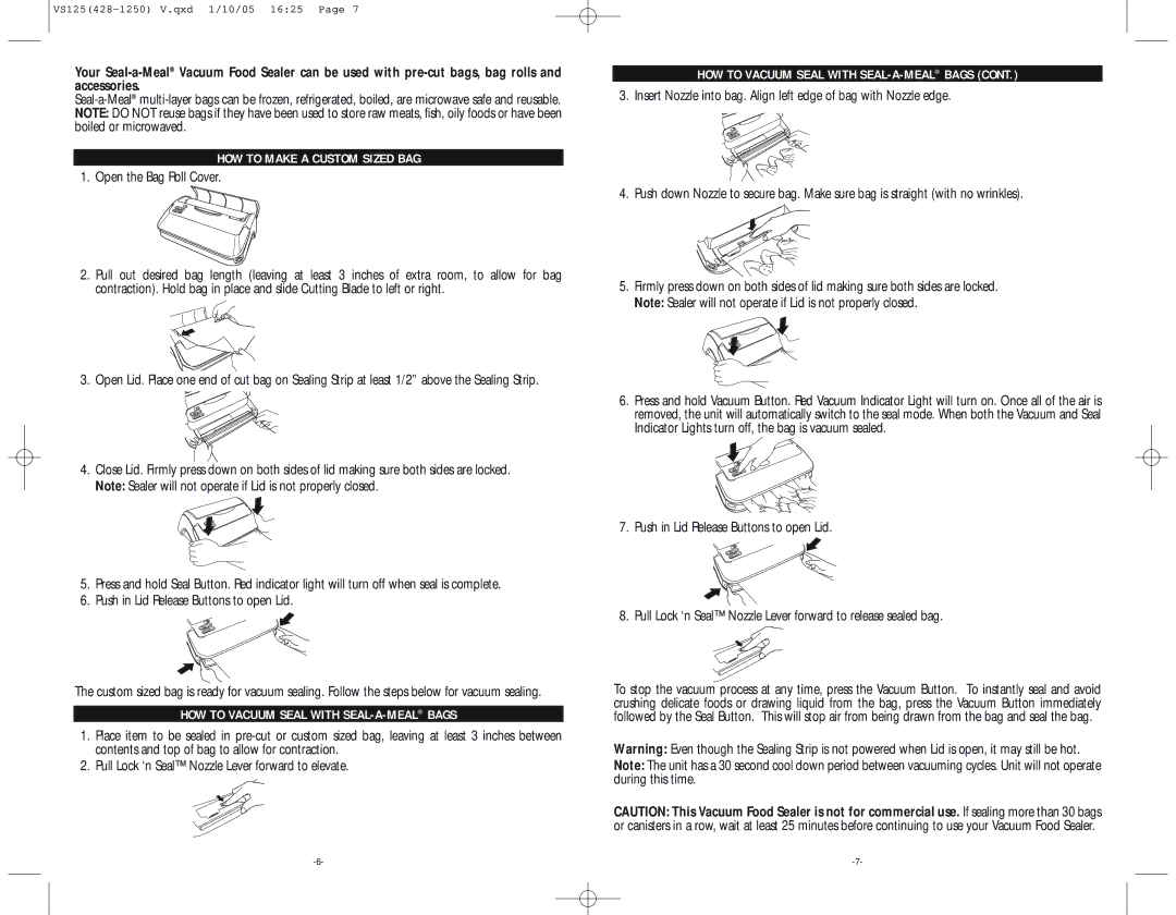 Seal-a-Meal VS125-S, VS125-W, VS125-BL warranty HOW to Make a Custom Sized BAG, HOW to Vacuum Seal with SEAL-A-MEALBAGS 