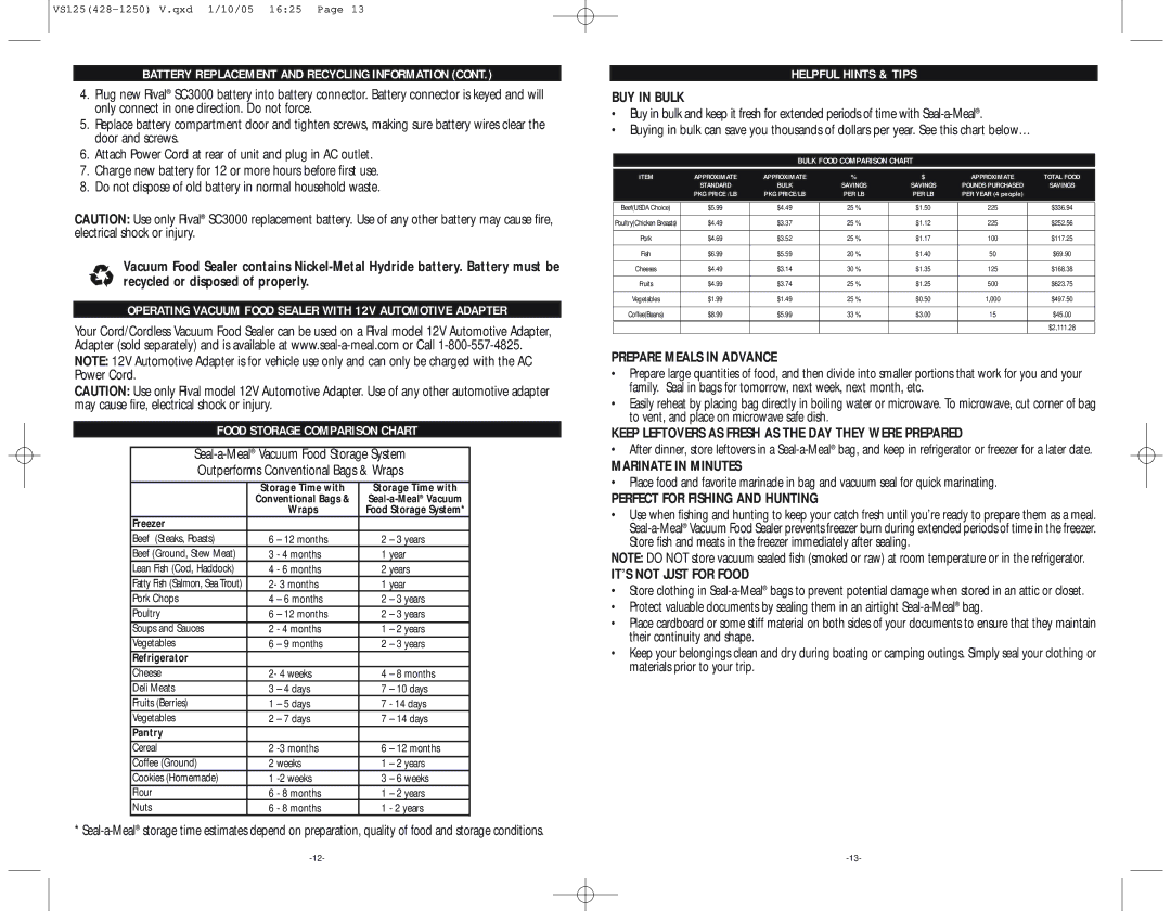 Seal-a-Meal VS125-BL, VS125-S, VS125-W warranty Helpful Hints & Tips 