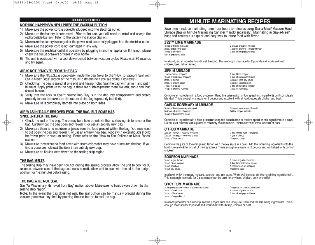 Seal-a-Meal VS125-S, VS125-W, VS125-BL warranty Minute Marinating Recipes, Troubleshooting 