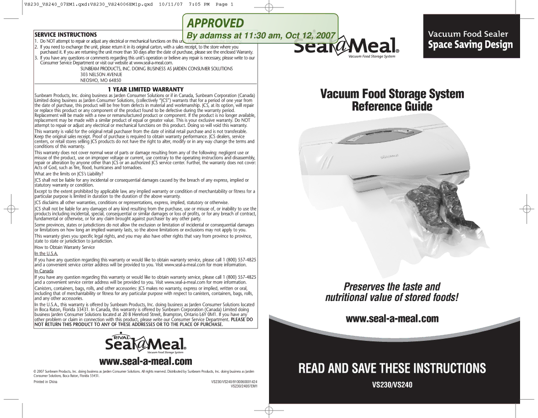 Seal-a-Meal VS240 warranty Service Instructions, Year Limited Warranty 