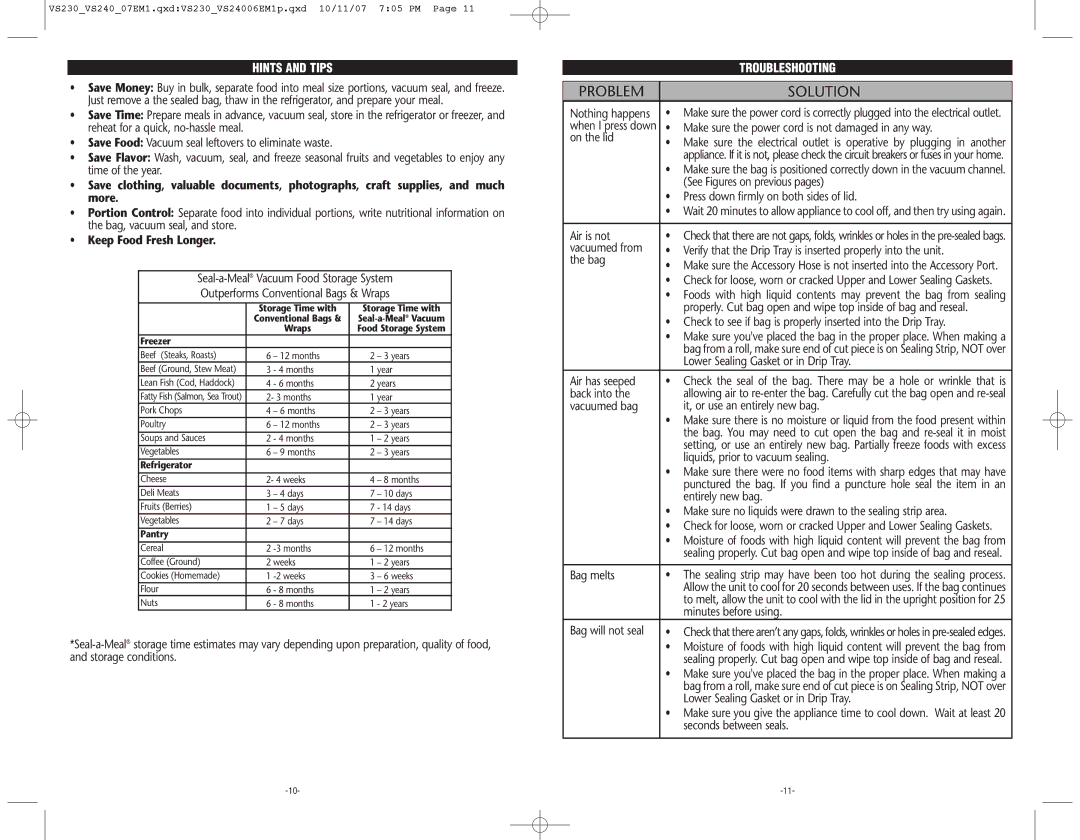 Seal-a-Meal VS240 warranty Hints and Tips, Keep Food Fresh Longer, Troubleshooting 