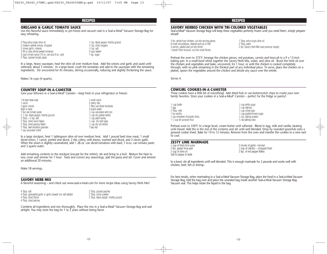 Seal-a-Meal VS240 warranty Recipes 