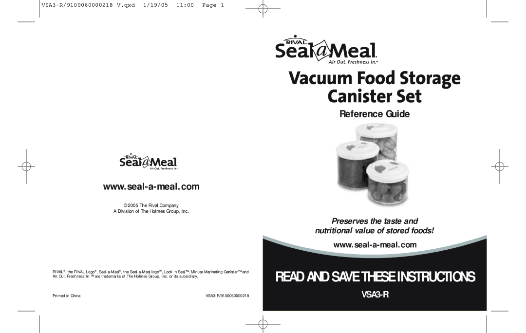 Seal-a-Meal VSA3-R manual Vacuum Food Storage Canister Set, Read and Save These Instructions 