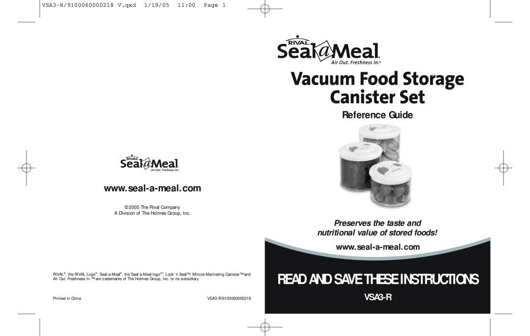 Seal-a-Meal VSA3-R manual Vacuum Food Storage Canister Set, Read And Save These Instructions, Reference Guide 