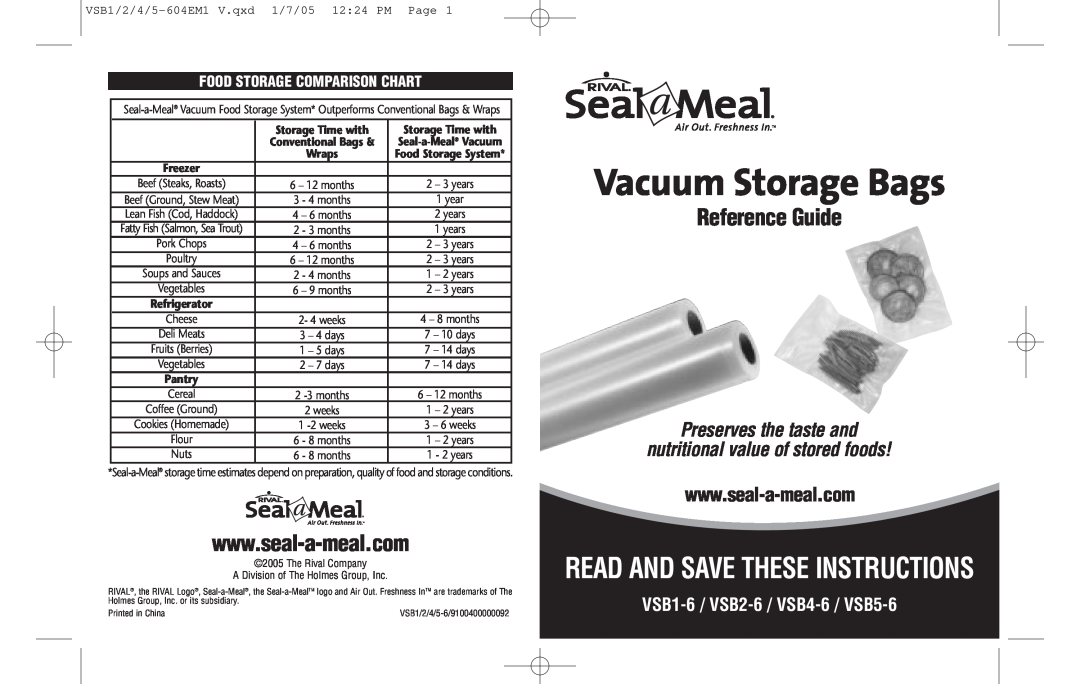 Seal-a-Meal VSB4-6 manual VSB1/2/4/5-604EM1V.qxd 1/7/05 12 24 PM Page, Vacuum Storage Bags, Reference Guide, Wraps, Pantry 