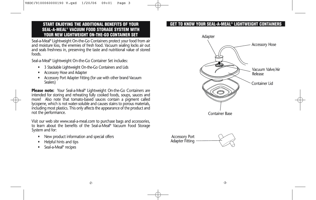 Seal-a-Meal VSDC-24 manual GET to Know Your SEAL-A-MEALLIGHTWEIGHT Containers 