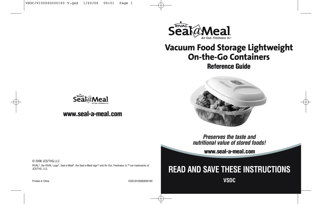 Seal-a-Meal VSDC-24 manual Vsdc, Vacuum Food Storage Lightweight On-the-Go Containers, Read And Save These Instructions 