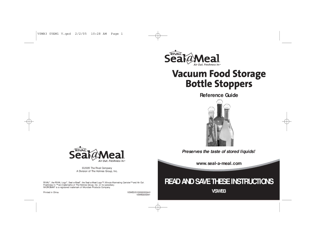 Seal-a-Meal VSWB3 manual Vacuum Food Storage Bottle Stoppers, Read and Save These Instructions 