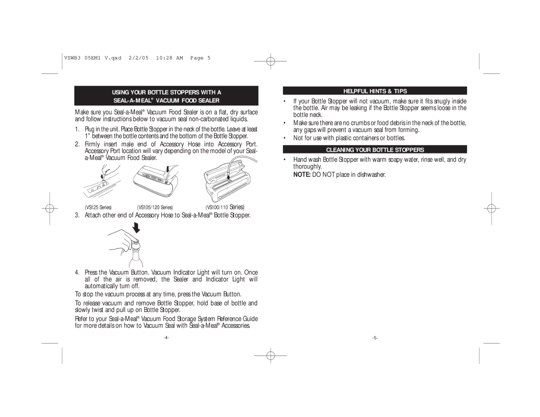 Seal-a-Meal VSWB3 manual Helpful Hints & Tips, Cleaning Your Bottle Stoppers 