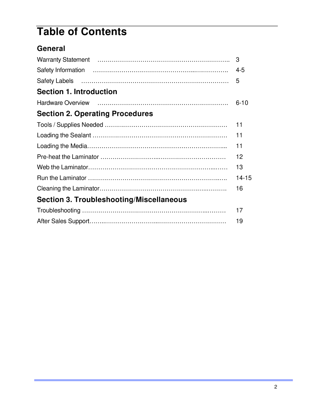 SEAL AS-1600 operation manual Table of Contents 