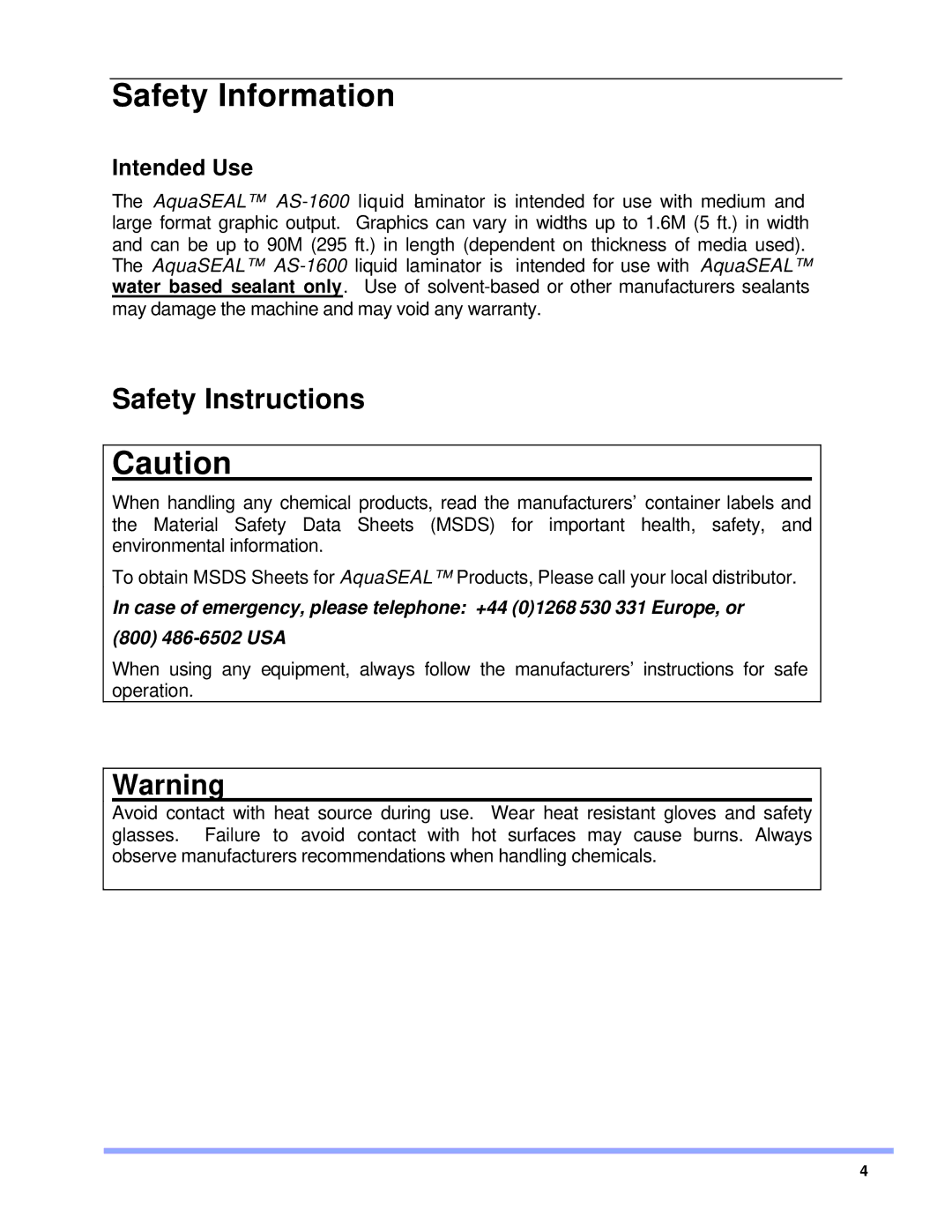 SEAL AS-1600 operation manual Safety Information, Intended Use 