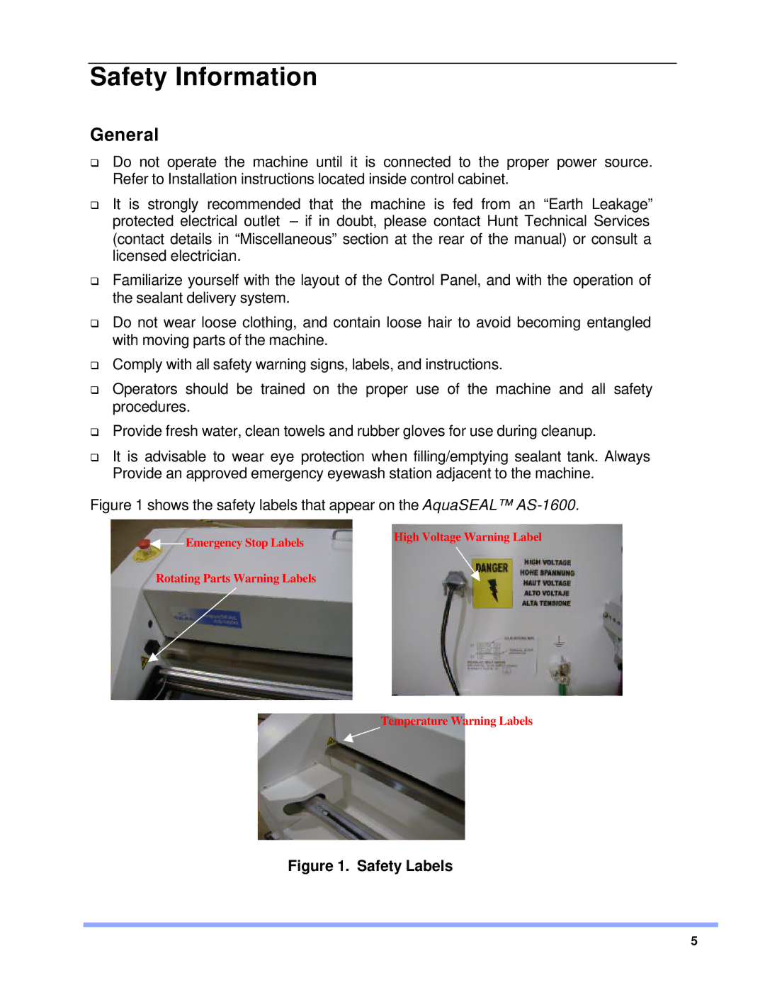 SEAL AS-1600 operation manual Safety Labels 