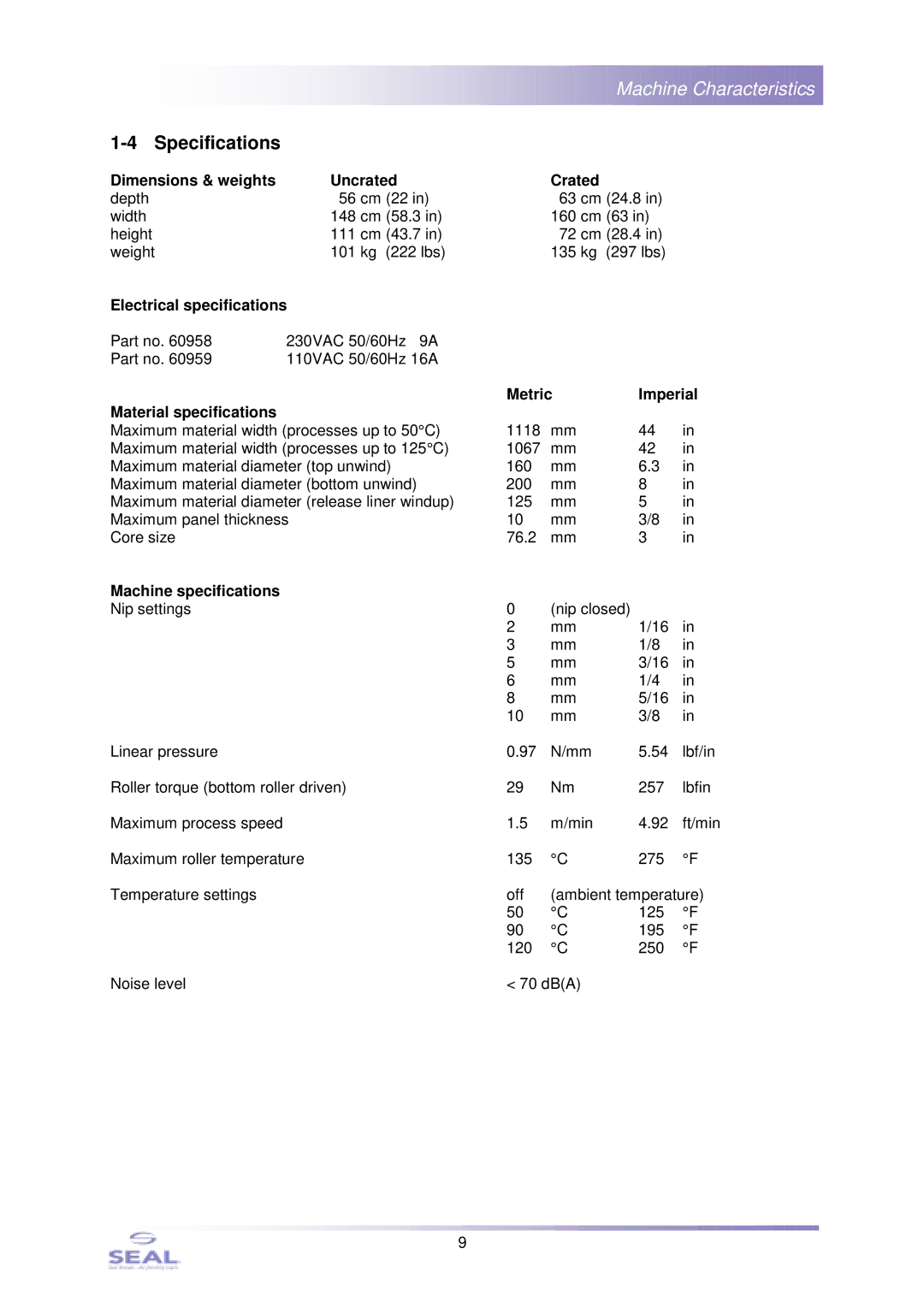 SEAL SM110EN Specifications, Dimensions & weights Uncrated Crated, Electrical specifications, Machine specifications 