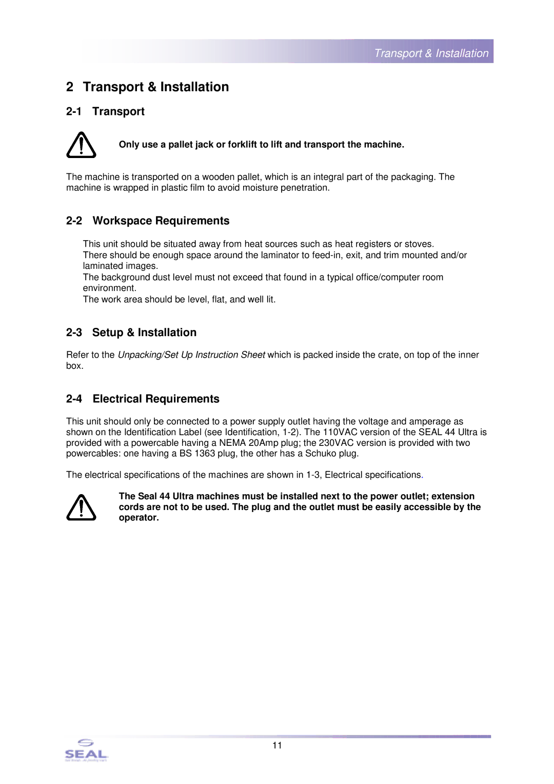 SEAL SM110EN service manual Transport & Installation, Workspace Requirements, Setup & Installation, Electrical Requirements 