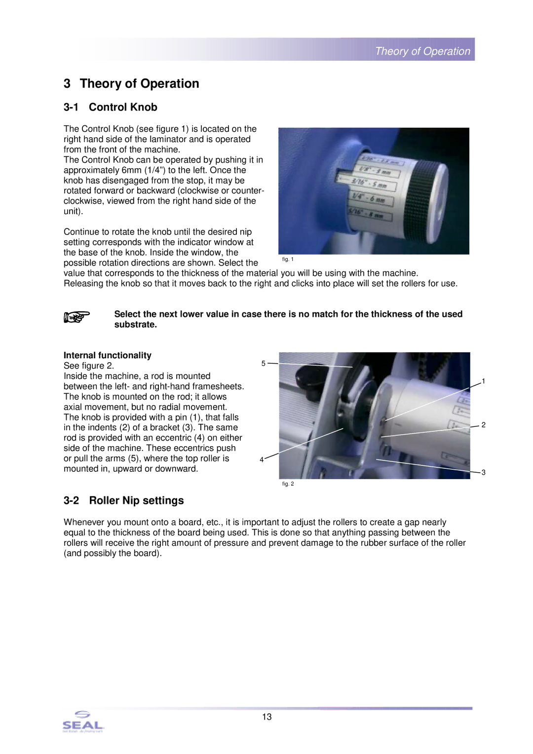 SEAL SM110EN, 44Ultra Laminator service manual Theory of Operation, Control Knob, Roller Nip settings 